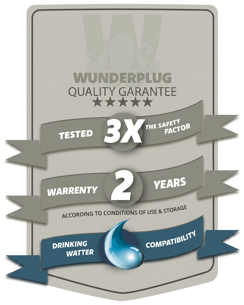 Wunderplug quality guarantee: 3× tested, 2-year warranty, drinking-water compatible
